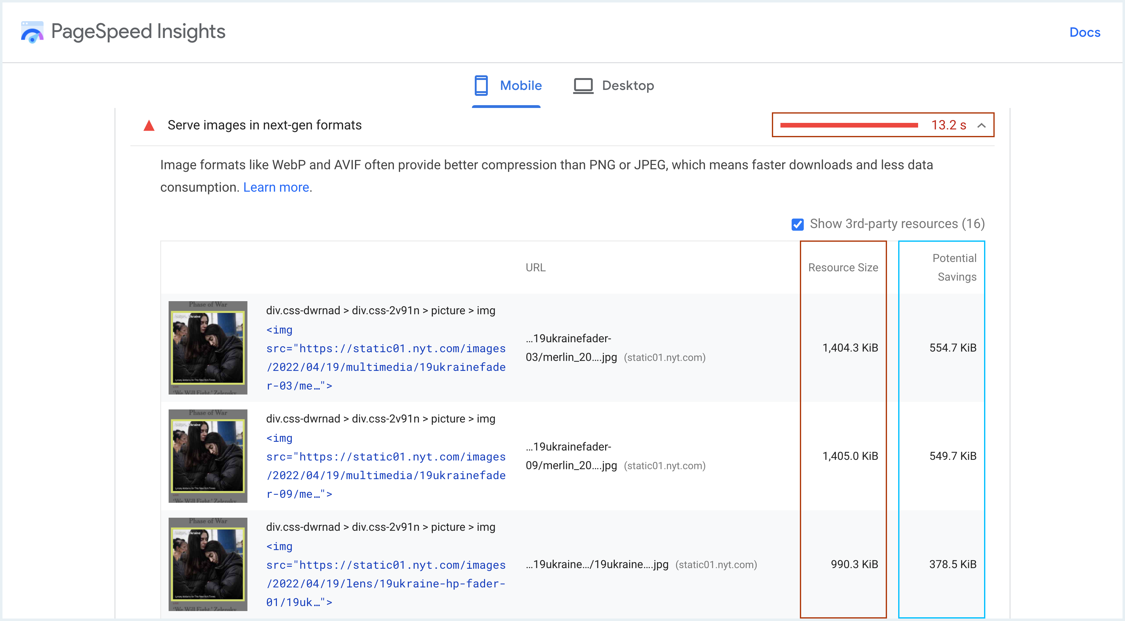 New York Times Example Core Web Vitals