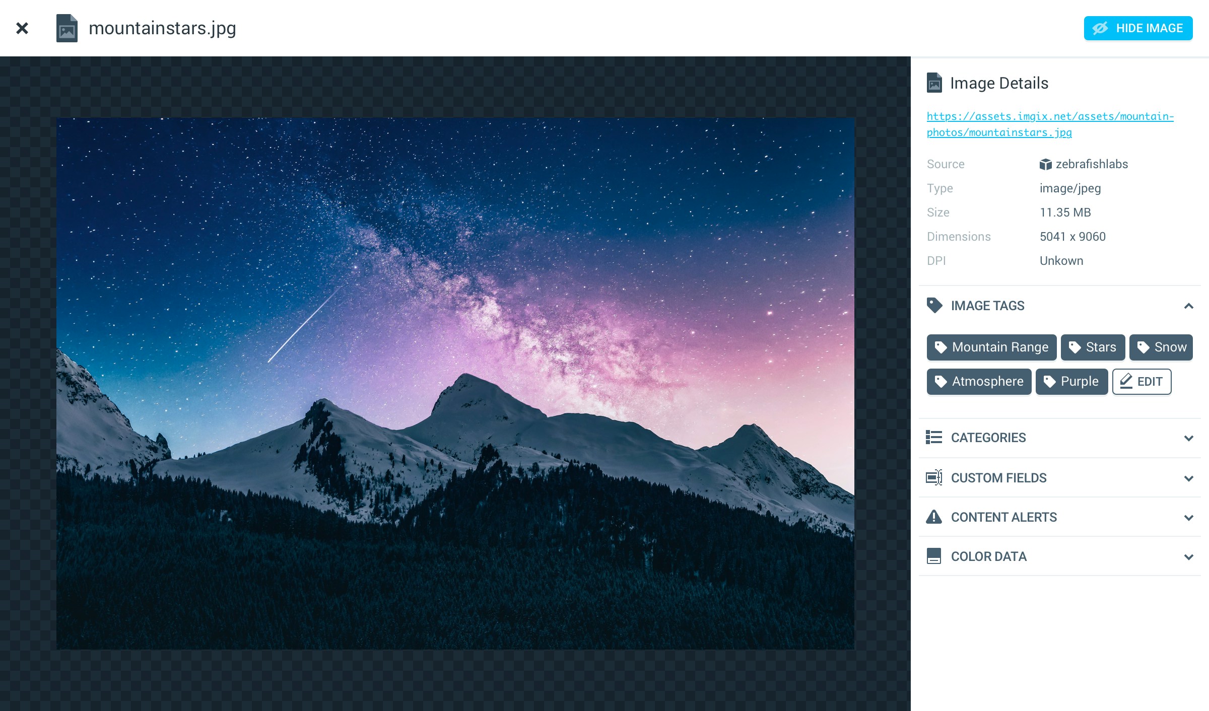 A screenshot of The Reka Image Management Solution, showing the image detail interface with machine-learning auto-tags