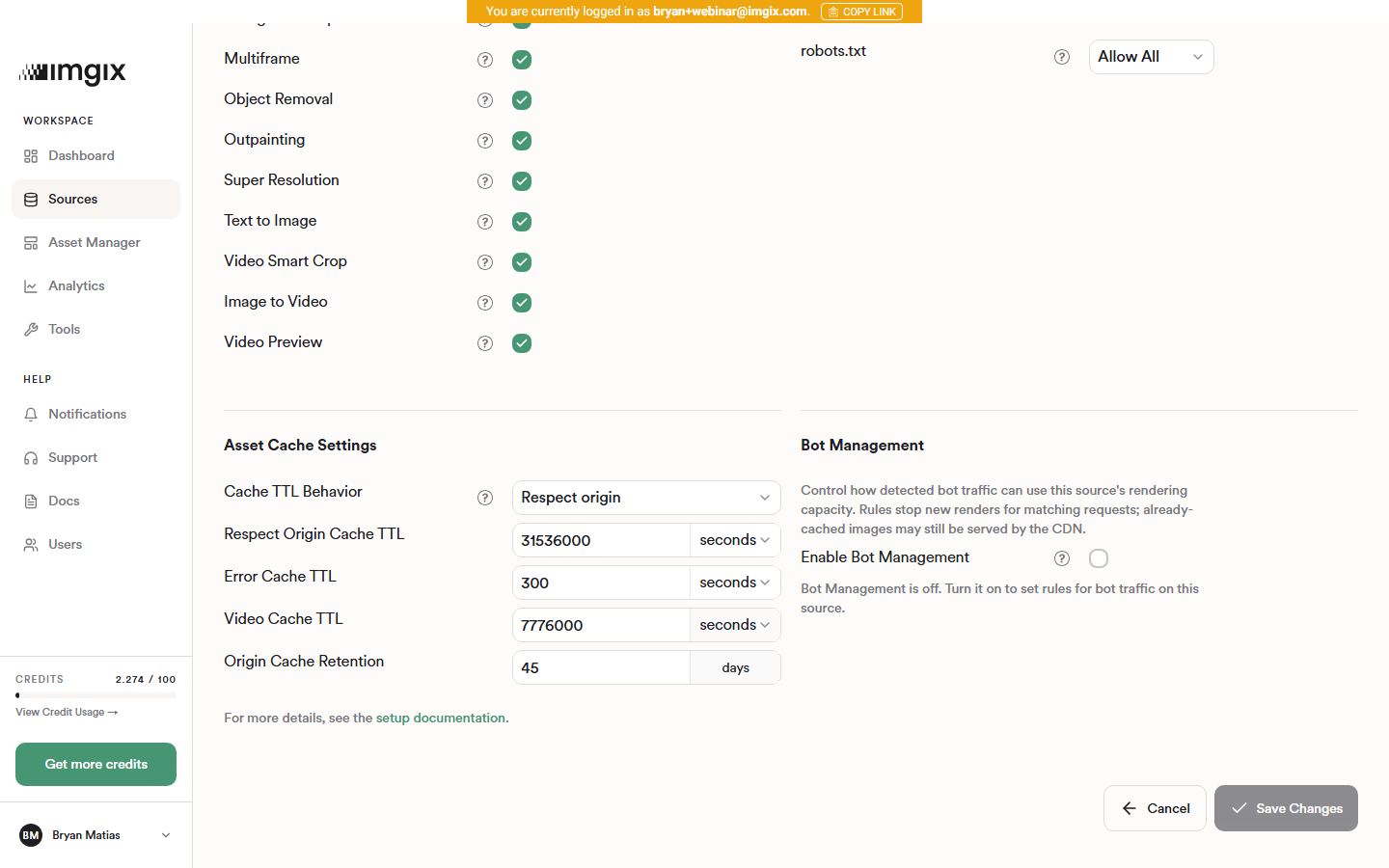 Screenshot of the Bot Management panel with the toggle off