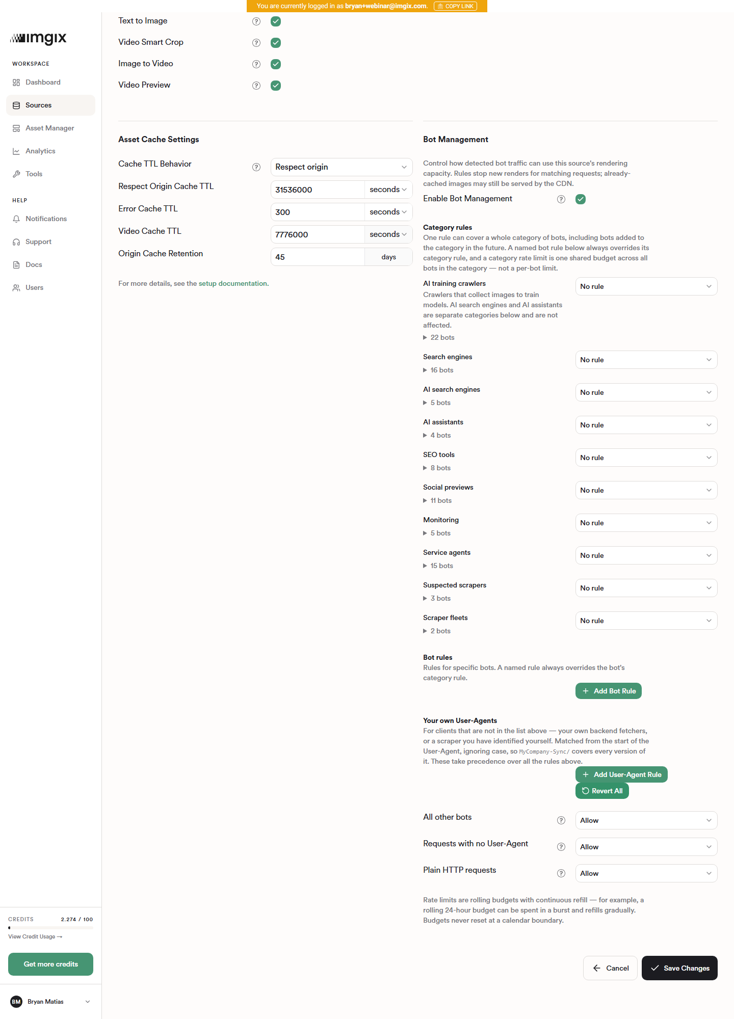 Screenshot of the Bot Management panel with category rules visible after enabling