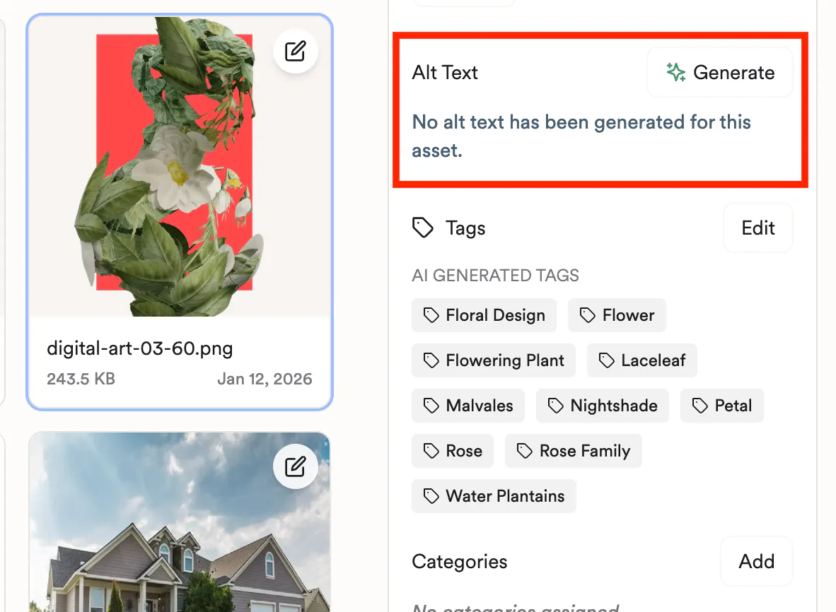 Asset detail panel showing the AI Generate button for Alt Text