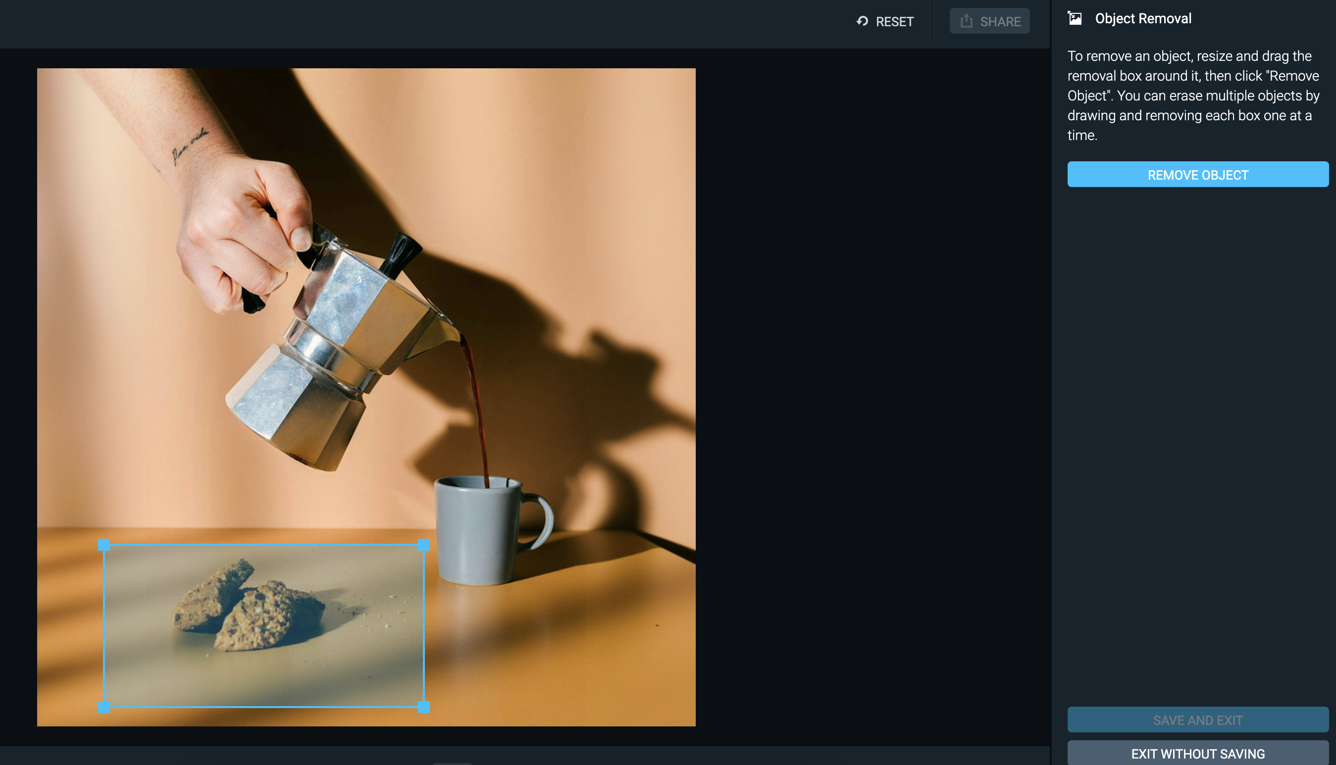 Object removal resizing box