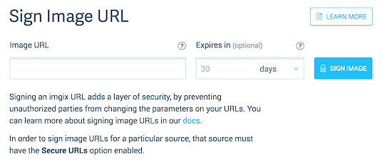 Sign Image URLs button for a secure source